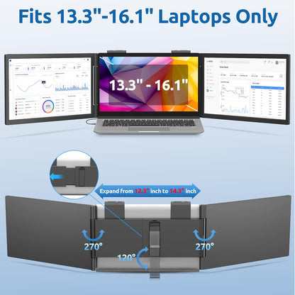 Dual Laptop Screen Extender, 14" 1080P IPS Portable Triple Monitor for 13.3-16.1" Laptops with USB-C Port, Plug and Play, Attachment Screen for Windows/Mac/Android/Switch/Ps5/Xbox