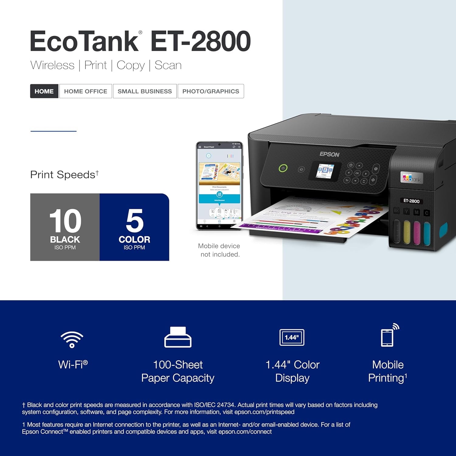 Ecotank ET-2800 Wireless Color All-In-One Cartridge-Free Supertank with Scan and Copy, the Ideal Basic Home Printer - Black