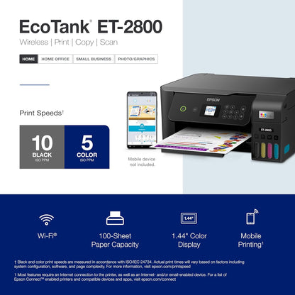 Ecotank ET-2800 Wireless Color All-In-One Cartridge-Free Supertank with Scan and Copy, the Ideal Basic Home Printer - Black