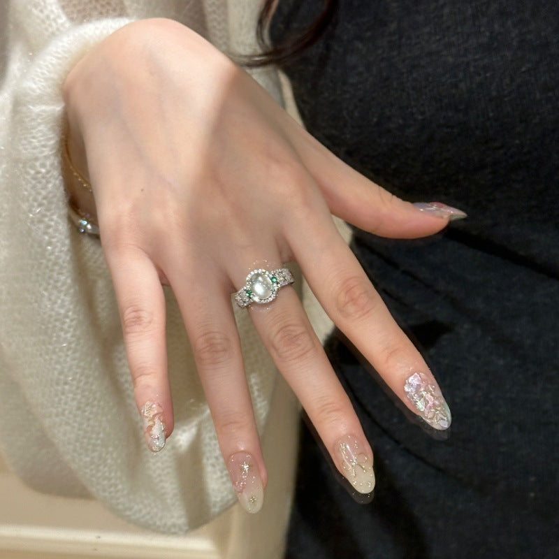 Retro Chinese Oval Diamond Sparkling Jade Ring