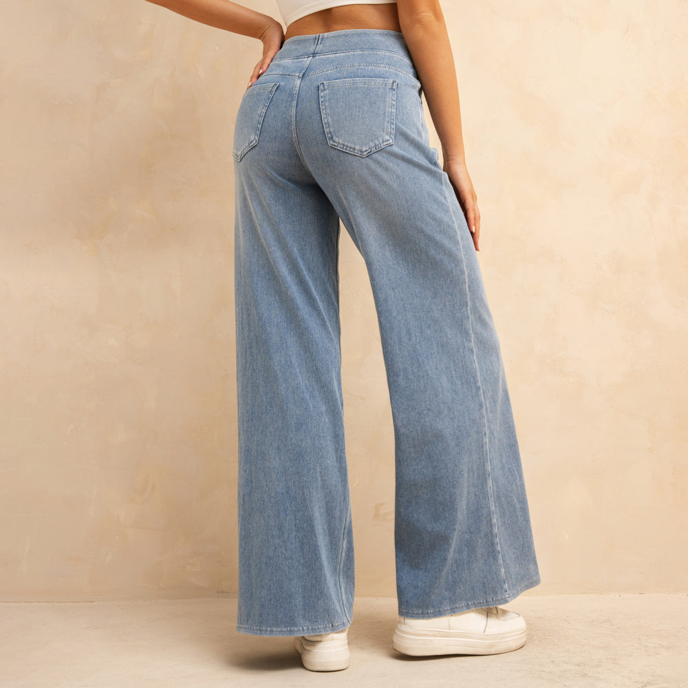 Shascullfites Melody Women's High-Waisted Wide-Leg Jeans Light Blue Casual Knitted Pants With Pockets Baggy Fit