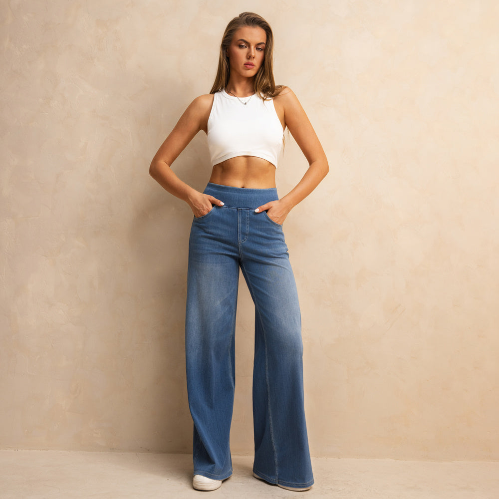 Shascullfites Melody High-Waisted Tummy Control Jeans Women's Retro Blue Flare Jeans With Pockets Casual Wide Leg Jeans