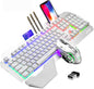 Wireless Gaming Keyboard and Mouse,Rainbow Backlit Rechargeable Keyboard Mouse with 3800Mah Battery Metal Panel,Removable Hand Rest Mechanical Feel Keyboard and 7 Color Gaming Mute Mice for PC Gamers