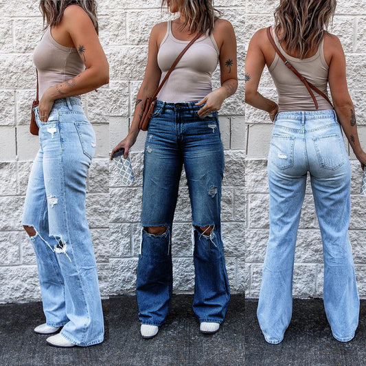 Women's Ripped High Waist Retro Slim Fit Denim Boot-cut Pants