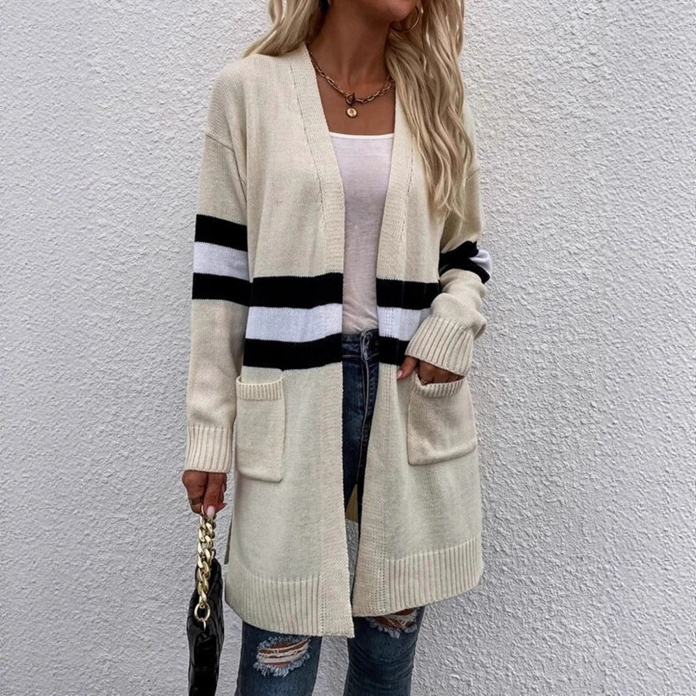 Striped Contrast Color Loose Casual Sweater Coat