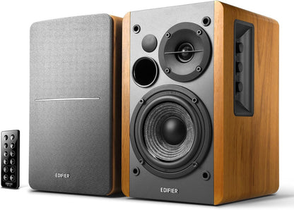 R1280DB Powered Bluetooth Bookshelf Speakers - Optical Input - Wireless Studio Monitors - 4 Inch near Field Speaker - 42W RMS - Wood Grain (Black)