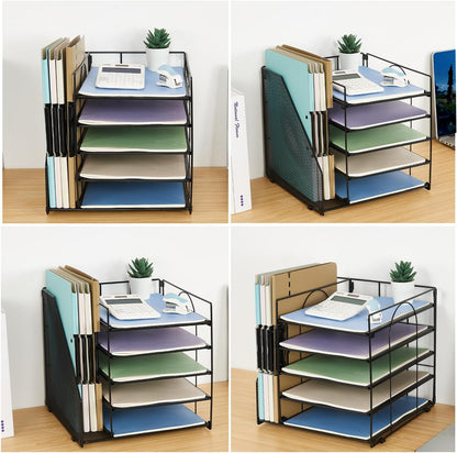 Desk Organizers and Accessories, 5-Tier Paper Letter Tray Organizer with File Holder, Desktop Organizer for Office Supplies (Black)