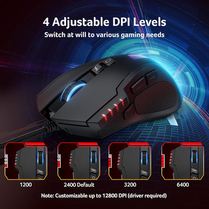 Wired Gaming Mouse, 12,800 DPI RGB Ergonomic Computer Mouse with Optical Sensor, 8 Programmable Buttons, 12 Backlit Modes, Software for DIY Keybinds, Rapid Fire, USB Gaming Mice for Laptop, PC