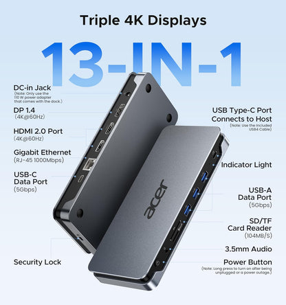 Premium 13-In-1 Docking Station with 110W PD & Triple Monitor Support | Dual 4K HDMI and Dp,5Gbps USB A/C,Gigabit Ethernet,Security Lock | Laptop Docking Station for Windows/Dell/Hp/Lenovo/Asus