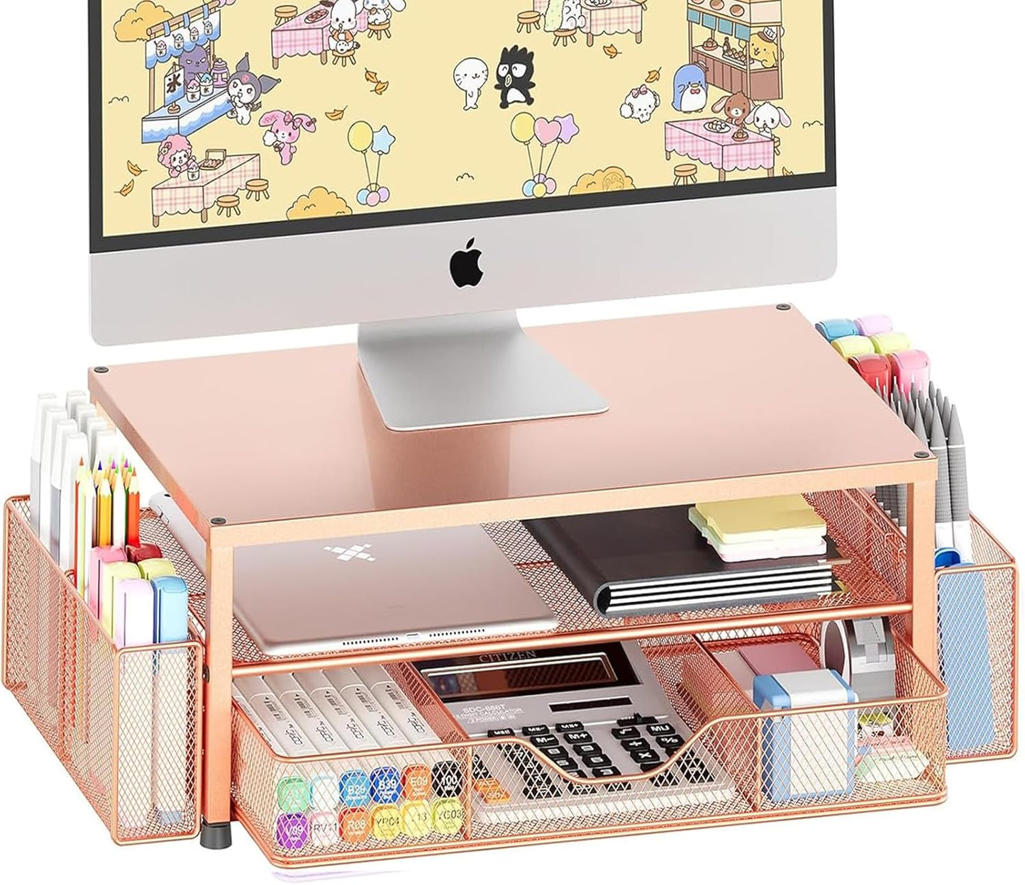 Desk Organizer and Accessories, 2-Tier Computer Monitor Stand Riser with Drawer and 2 Pen Holders, Laptop Stand, Office Desk Accessories for Office Supplies, Black
