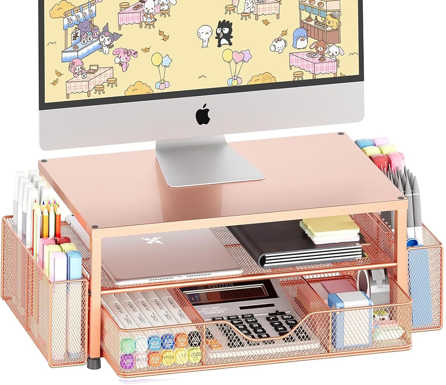 Desk Organizer and Accessories, 2-Tier Computer Monitor Stand Riser with Drawer and 2 Pen Holders, Laptop Stand, Office Desk Accessories for Office Supplies, Black
