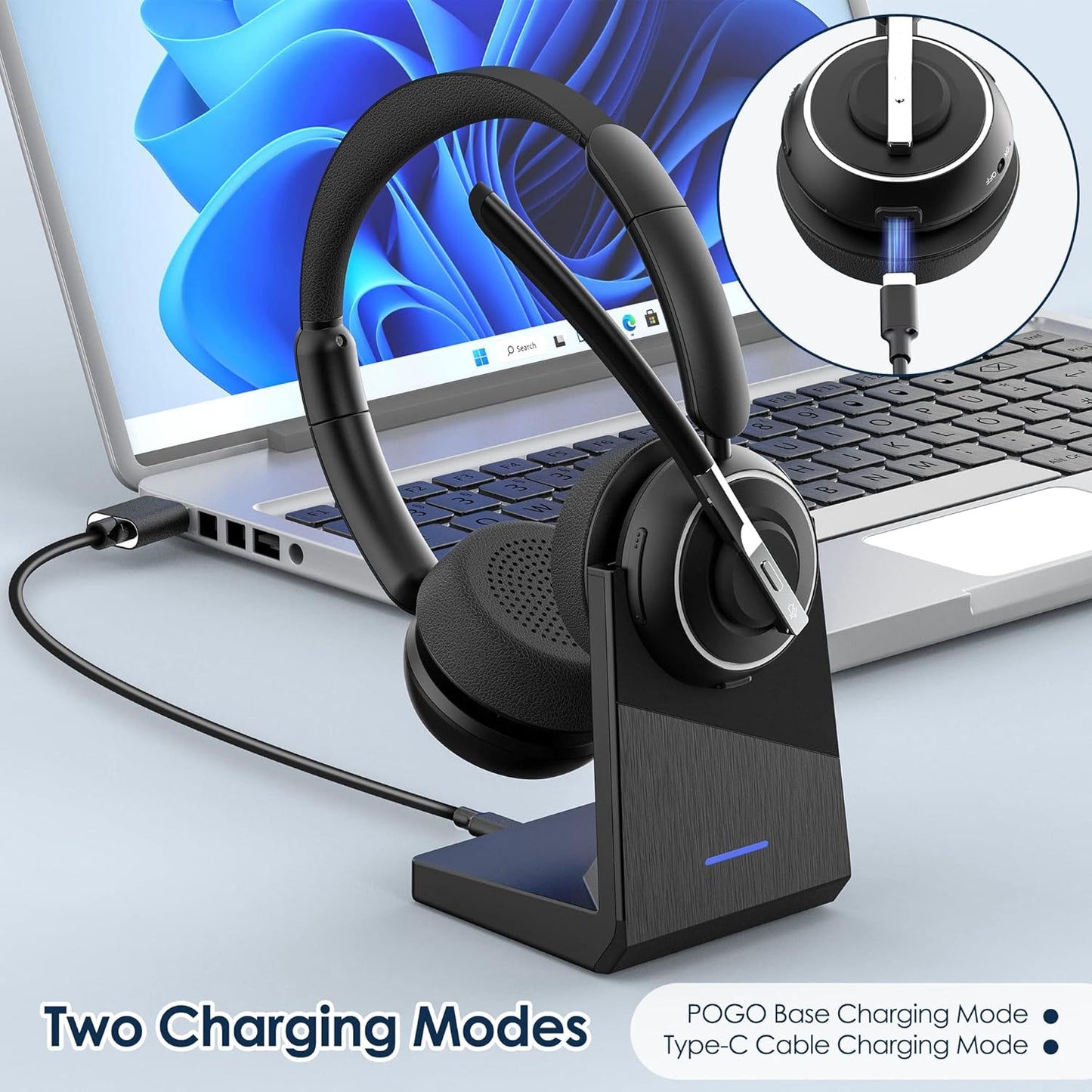 (2025 Upgraded) Wireless Headset with Mic for Work, Bluetooth Headset with Noise Canceling Microphone with Dongle, Charging Base & Mic Mute, Wireless Headphones for Work from Home/Pc/Computer
