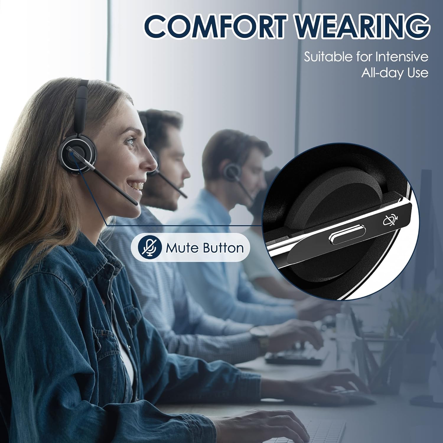 (2025 Upgraded) Wireless Headset with Mic for Work, Bluetooth Headset with Noise Canceling Microphone with Dongle, Charging Base & Mic Mute, Wireless Headphones for Work from Home/Pc/Computer