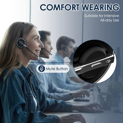 (2025 Upgraded) Wireless Headset with Mic for Work, Bluetooth Headset with Noise Canceling Microphone with Dongle, Charging Base & Mic Mute, Wireless Headphones for Work from Home/Pc/Computer
