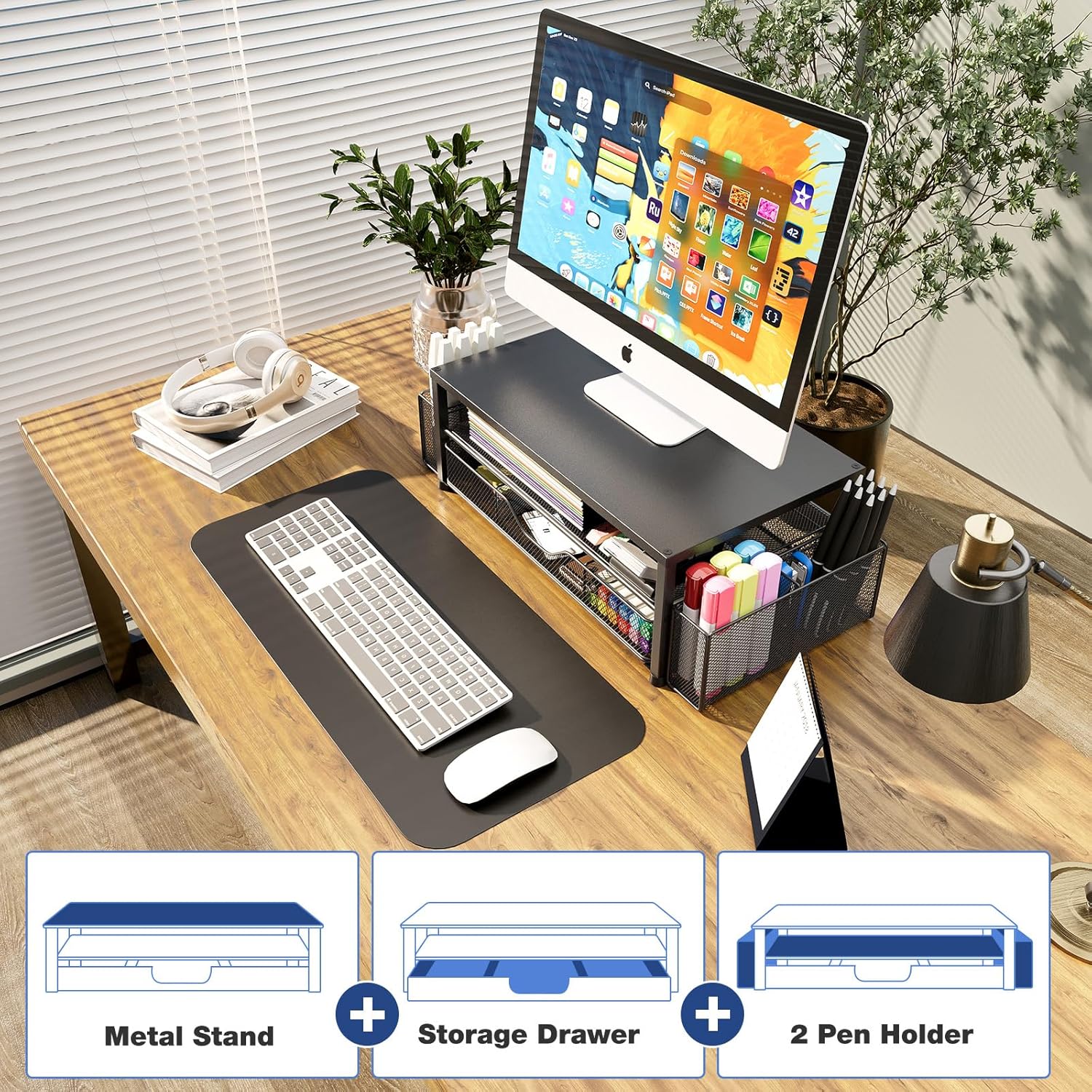 Desk Organizer and Accessories, 2-Tier Computer Monitor Stand Riser with Drawer and 2 Pen Holders, Laptop Stand, Office Desk Accessories for Office Supplies, Black