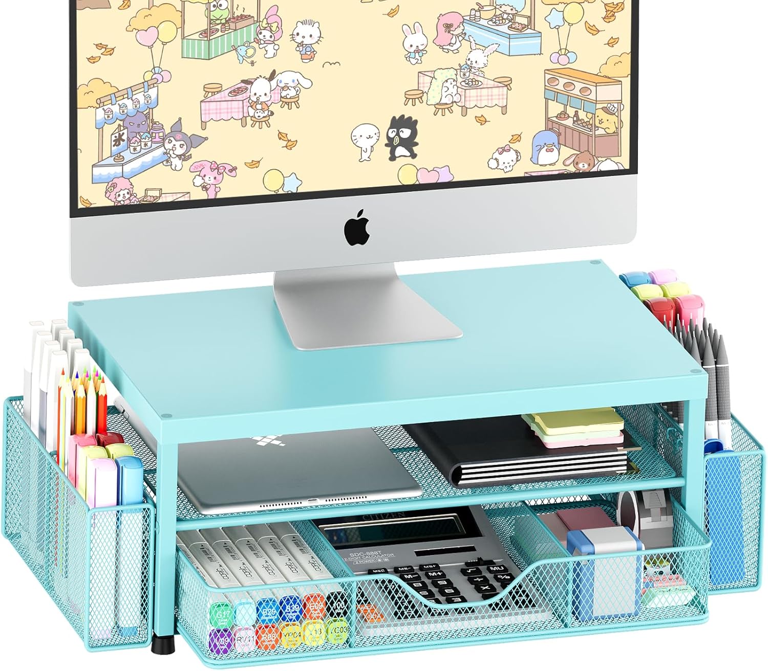 Desk Organizer and Accessories, 2-Tier Computer Monitor Stand Riser with Drawer and 2 Pen Holders, Laptop Stand, Office Desk Accessories for Office Supplies, Black