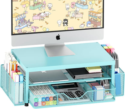 Desk Organizer and Accessories, 2-Tier Computer Monitor Stand Riser with Drawer and 2 Pen Holders, Laptop Stand, Office Desk Accessories for Office Supplies, Black