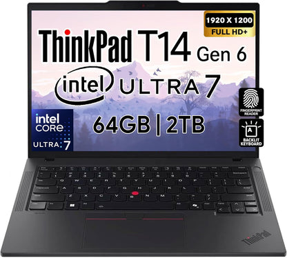 Thinkpad T14 Gen 6 Business Laptop 14" FHD+ IPS, Intel Ultra 7 255U, 64GB DDR5 RAM, 2TB SSD, 5MP Webcam, Fingerprint, Backlit, Wi-Fi 6E, 2 Thunderbolt 4, AI PC, W11P