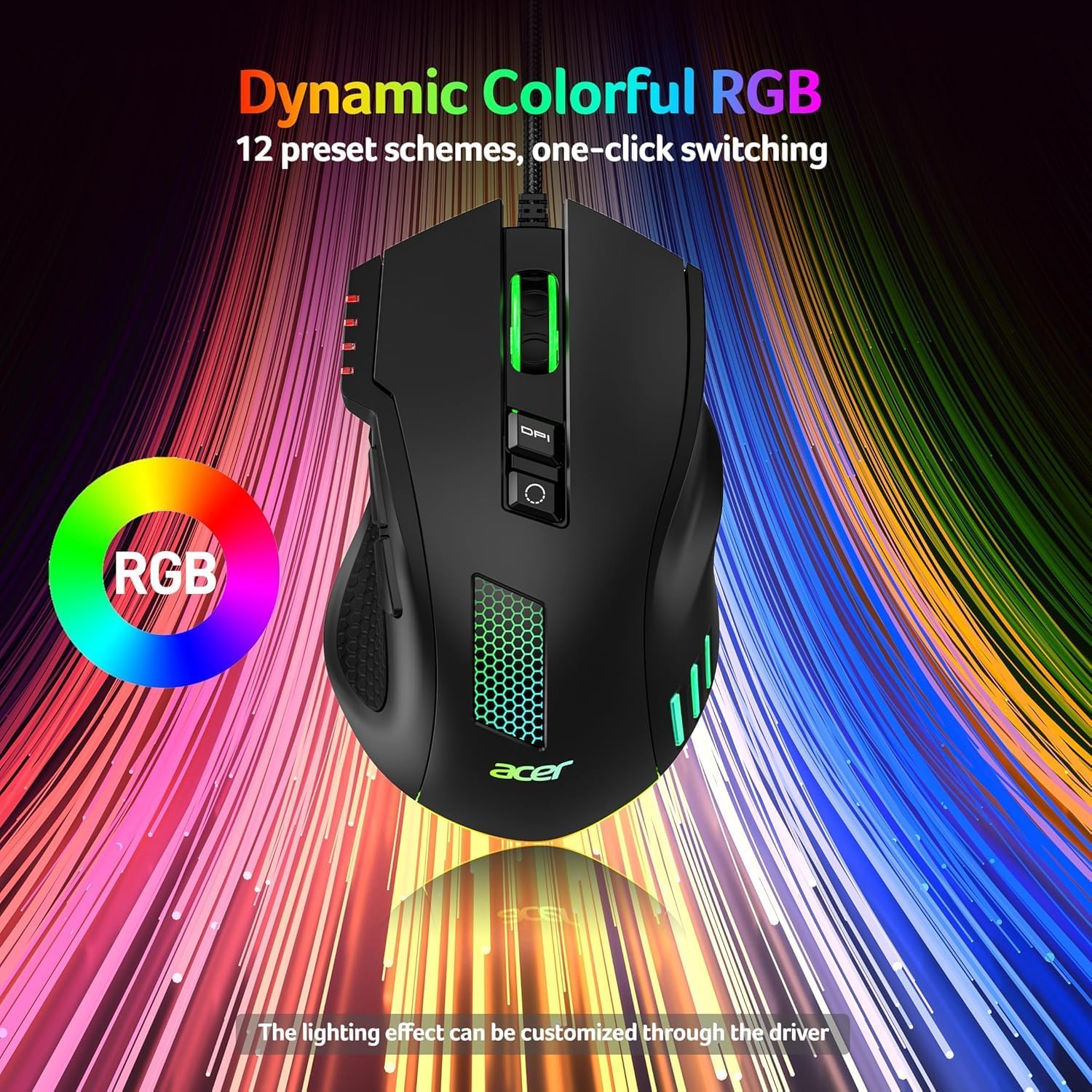 Wired Gaming Mouse, 12,800 DPI RGB Ergonomic Computer Mouse with Optical Sensor, 8 Programmable Buttons, 12 Backlit Modes, Software for DIY Keybinds, Rapid Fire, USB Gaming Mice for Laptop, PC