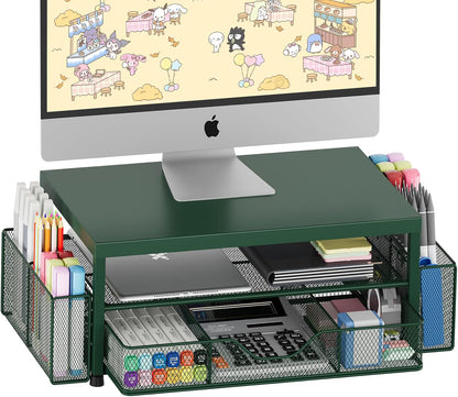 Desk Organizer and Accessories, 2-Tier Computer Monitor Stand Riser with Drawer and 2 Pen Holders, Laptop Stand, Office Desk Accessories for Office Supplies, Black