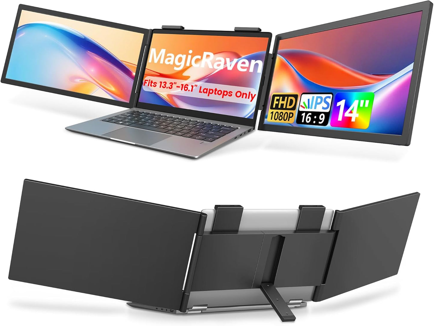 Dual Laptop Screen Extender, 14" 1080P IPS Portable Triple Monitor for 13.3-16.1" Laptops with USB-C Port, Plug and Play, Attachment Screen for Windows/Mac/Android/Switch/Ps5/Xbox
