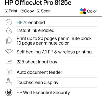 Officejet Pro 8125E Wireless All-In-One Color Inkjet Printer, Print, Scan, Copy, ADF, Duplex Printing Best-For-Home Office, 3 Month Instant Ink Trial Included, Ai-Enabled (405T6A)