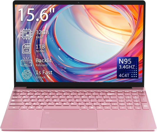 15.6" Laptop Computer Notebook, 4-Core N95 Processor, FHD Display, Backlit Keyboard, Fingerprint, Webcam, Bluetooth, Wifi, Win 11 Pro, 10TB Upgradeable, T152A, 32GB RAM, 1TB SSD, Pink