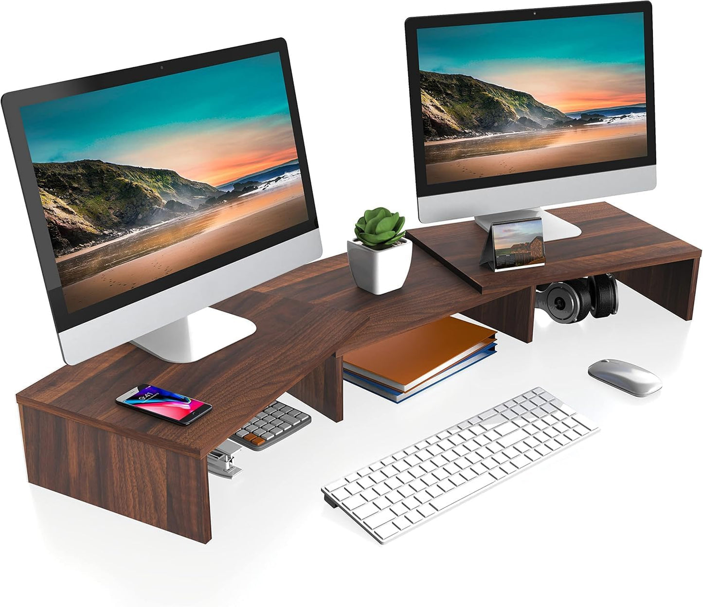 Dual Monitor Stand – 3 Shelf Computer Monitor Riser, Wood Desktop Stand with Adjustable Length and Angle, Desk Accessories, Office Supplies Medium Black,Dt108001Wb