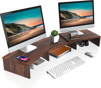 Dual Monitor Stand – 3 Shelf Computer Monitor Riser, Wood Desktop Stand with Adjustable Length and Angle, Desk Accessories, Office Supplies Medium Black,Dt108001Wb
