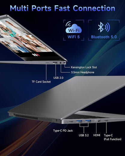 15.6 Inch Laptop with Pentium Gold 6500Y(Up to 3.4Ghz), 16GB RAM 256GB SSD,1080P Full HD, Usb-C,Wifi 5,Bt5.0,Gray Computer Laptops for School, Business