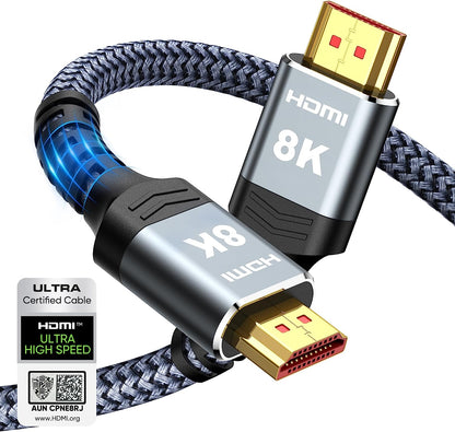 8K 10K 4K HDMI Cable 48Gbps 6.6FT/2M, Certified Ultra High Speed HDMI Cable Braided Cord-4K@120Hz 8K@60Hz, DTS:X, HDCP 2.2 & 2.3, HDR 10 Compatible with Roku Tv/Ps5/Hdtv/Blu-Ray
