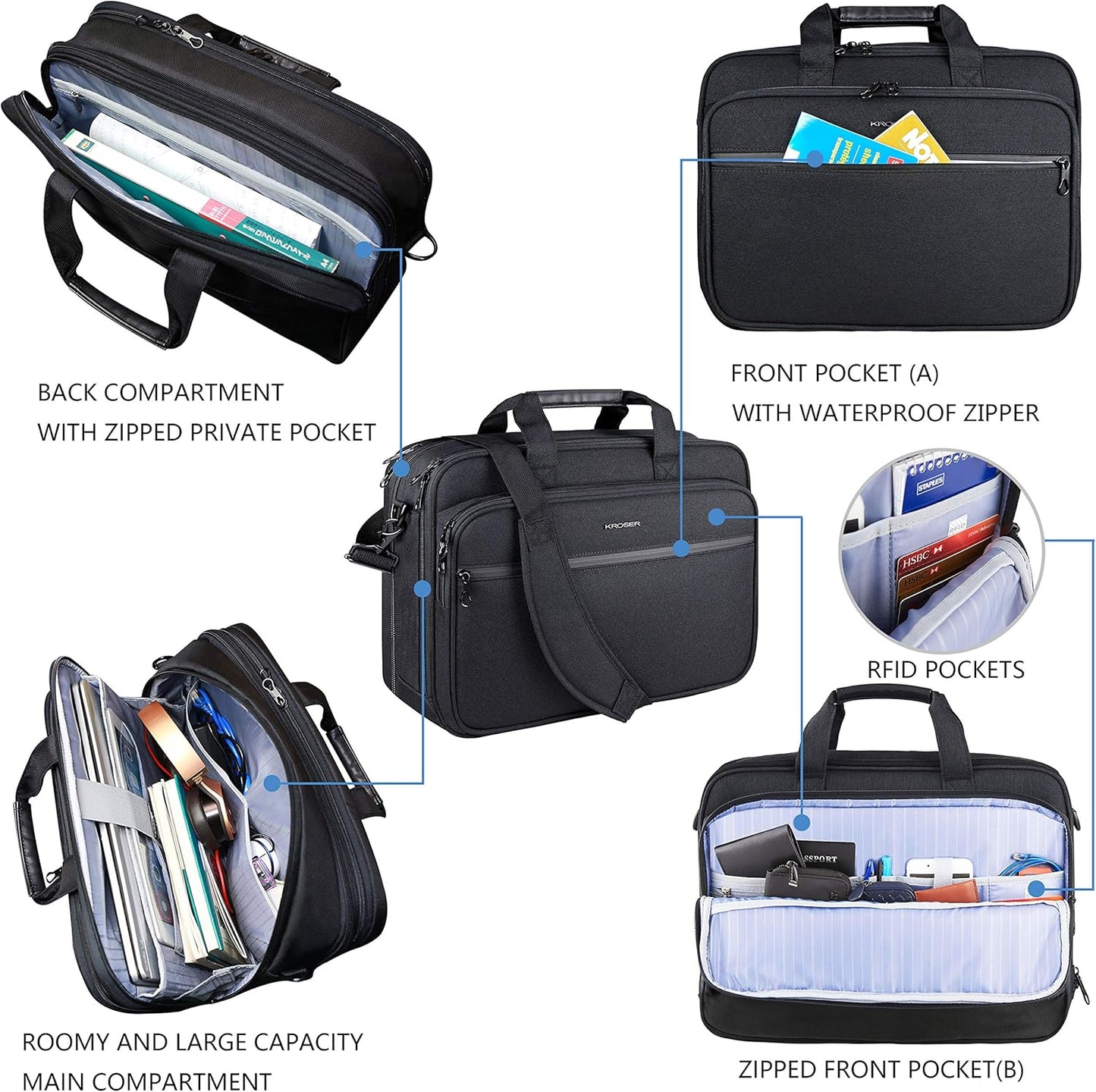 Laptop Bag Premium Laptop Briefcase Fits up to 17.3 Inch Laptop Expandable Water-Repellent Shoulder Messenger Bag Computer Bag with RFID Pockets for Travel/Business/Men/Women-Black