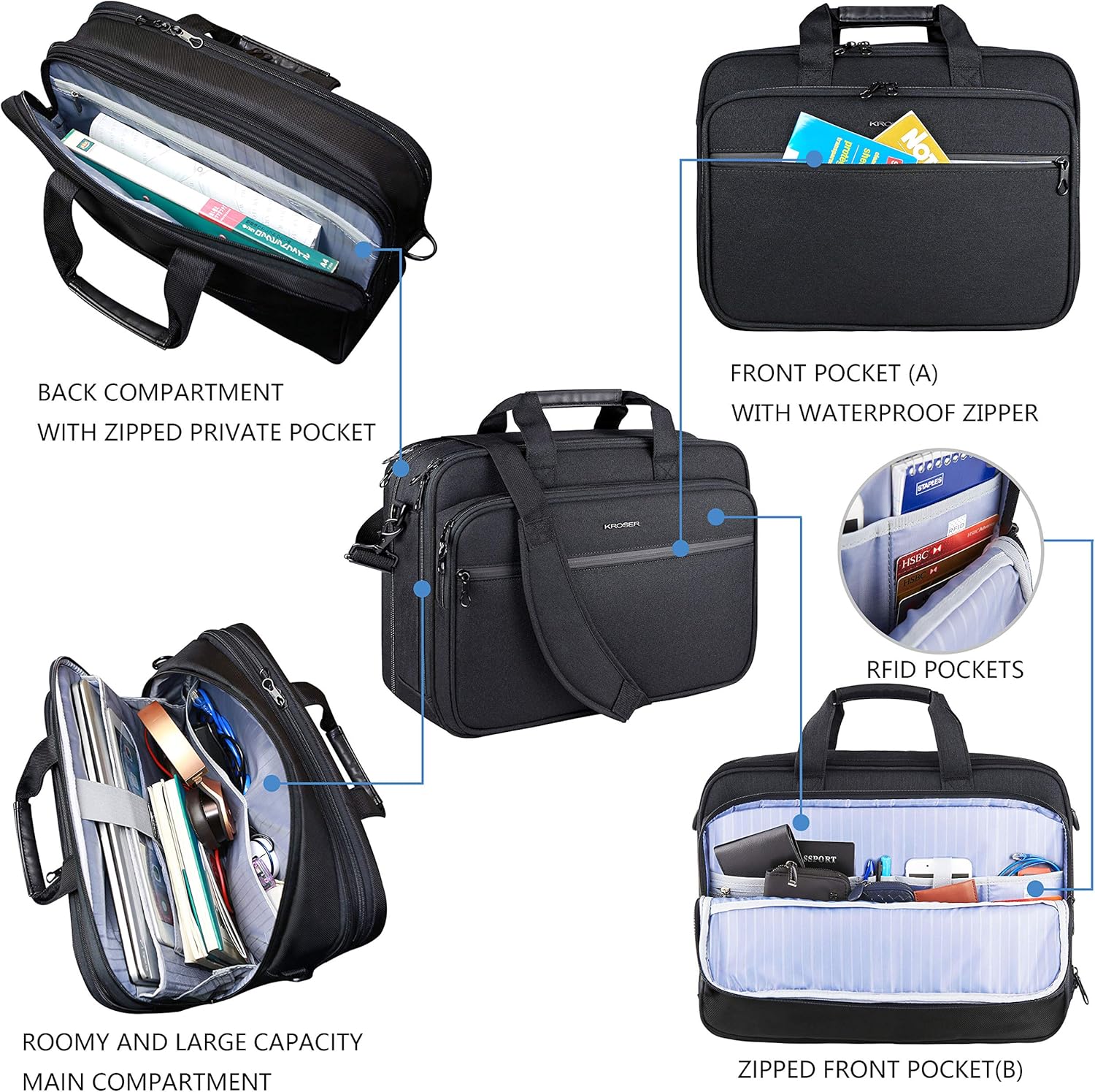 Laptop Bag Premium Laptop Briefcase Fits up to 17.3 Inch Laptop Expandable Water-Repellent Shoulder Messenger Bag Computer Bag with RFID Pockets for Travel/Business/Men/Women-Black