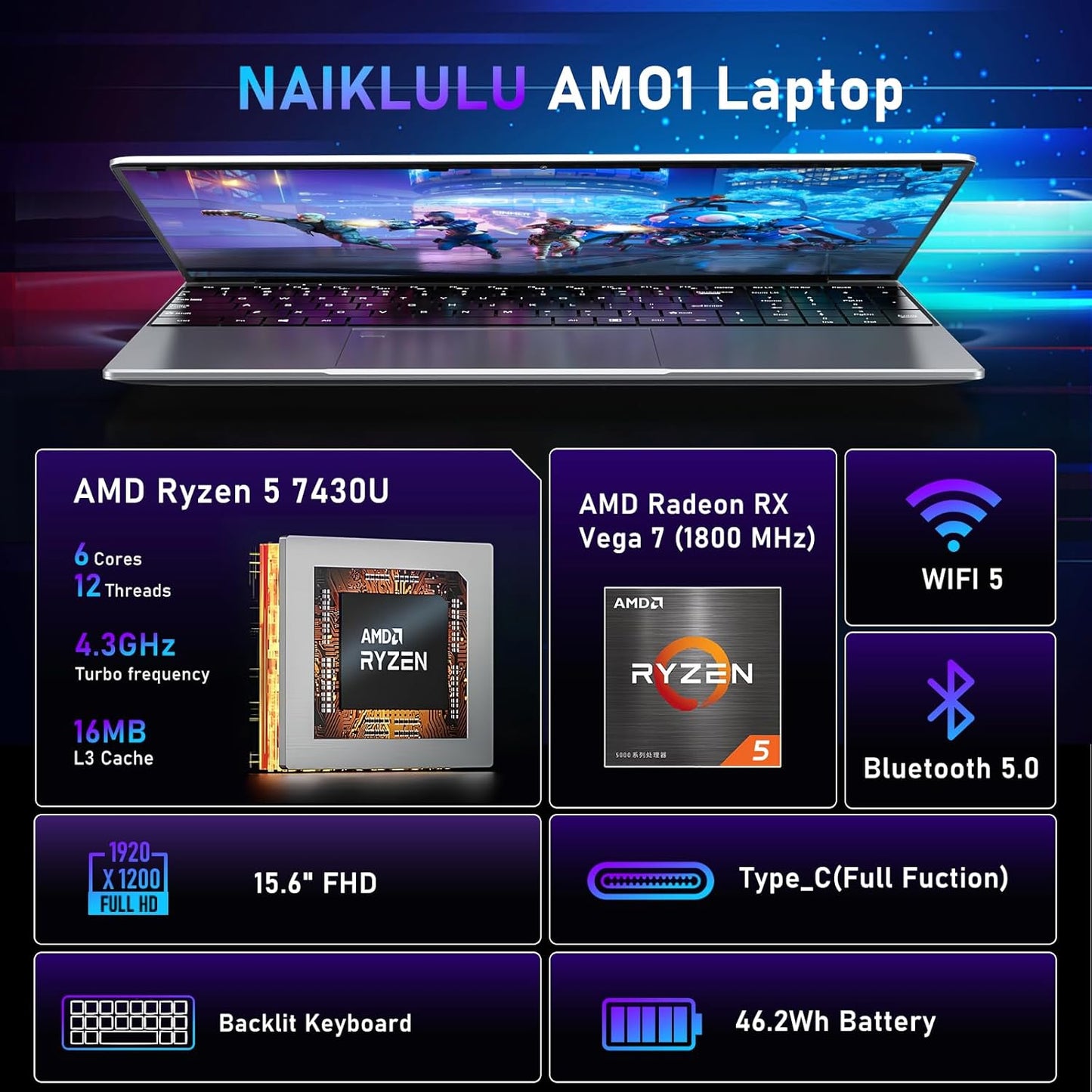 Gaming Laptop,15.6 Inch Laptop Computer,32Gb RAM 1TB SSD,AMD Ryzen 5 7430U (Up to 4.3Ghz,Beat 5700U),AMD Radeon Graphics,15.6”Fhd 1920 * 1080 Display,Wifi 5,Bt5.0,Backlit Keyboard