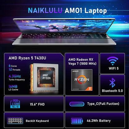 Gaming Laptop,15.6 Inch Laptop Computer,32Gb RAM 1TB SSD,AMD Ryzen 5 7430U (Up to 4.3Ghz,Beat 5700U),AMD Radeon Graphics,15.6”Fhd 1920 * 1080 Display,Wifi 5,Bt5.0,Backlit Keyboard