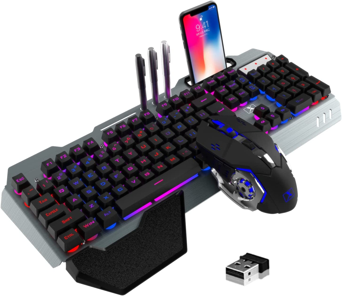 Wireless Gaming Keyboard and Mouse,Rainbow Backlit Rechargeable Keyboard Mouse with 3800Mah Battery Metal Panel,Removable Hand Rest Mechanical Feel Keyboard and 7 Color Gaming Mute Mice for PC Gamers