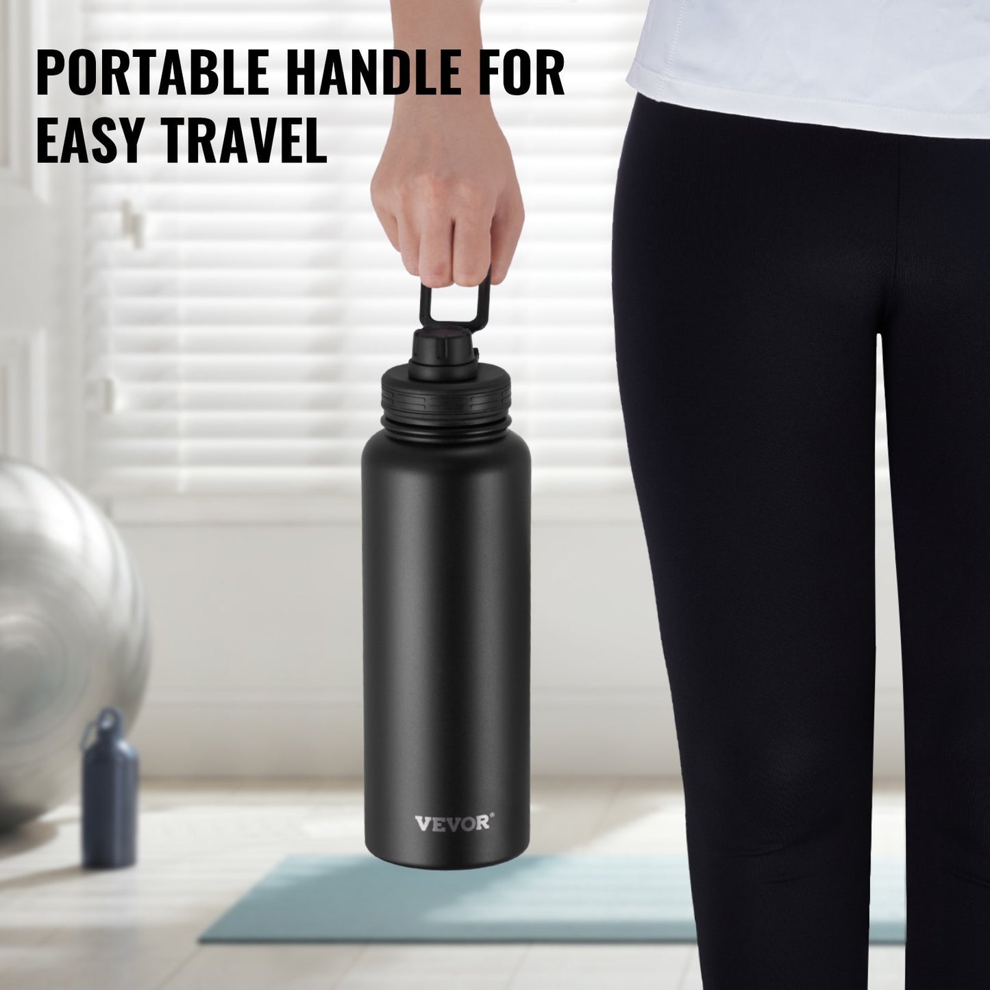 40 Oz Insulated Water Bottle Stainless Steel With Wide Mouth Lid Black
