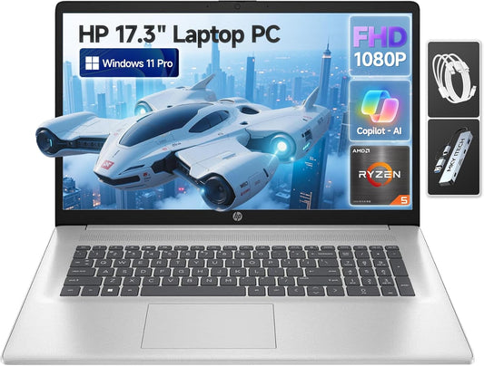 HP 17 Inch Laptop Computer, 17.3" FHD IPS Business Laptop PC, AMD Ryzen 5 (6-Cores), Windows 11 Pro, 32GB RAM 1TB SSD, Copilot AI, 10-Key Number Pad, Type-C, Wi-Fi 6, for Business, Students & Home