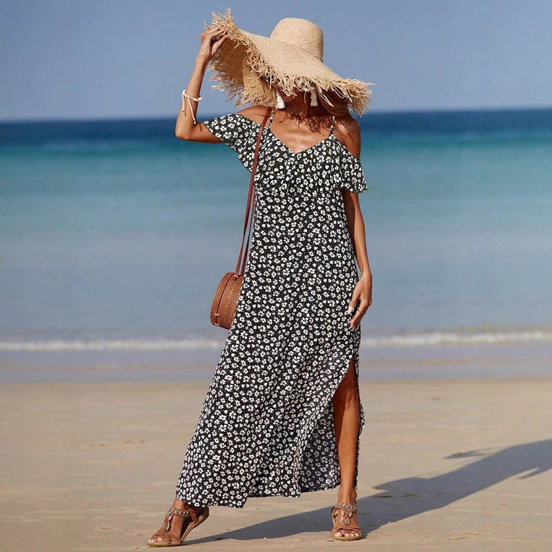 European And American Spring And Summer Leisure Floral Vacation Style Sling Dress