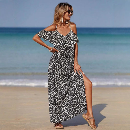 European And American Spring And Summer Leisure Floral Vacation Style Sling Dress