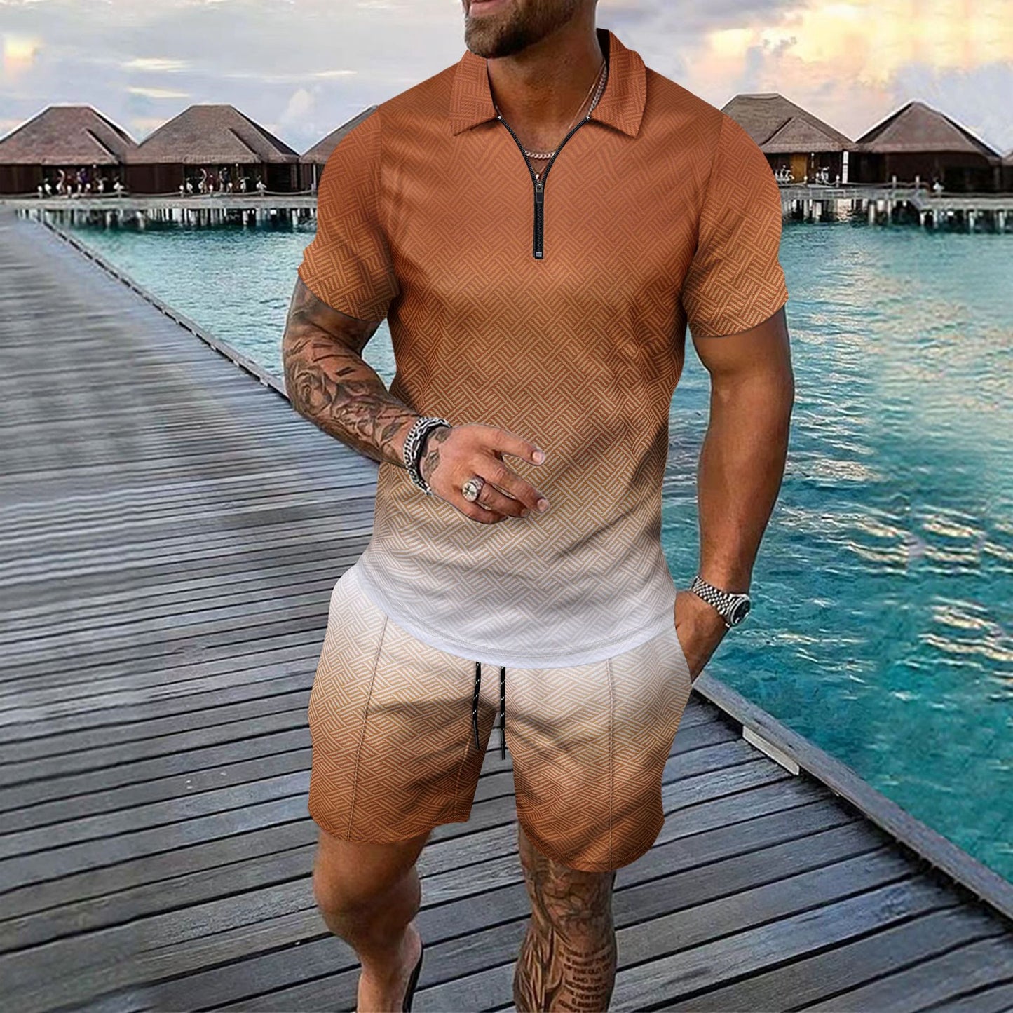 Men's Young Casual Versatile Simple Pattern Short Sleeve Zipper Polo Shirt Suit
