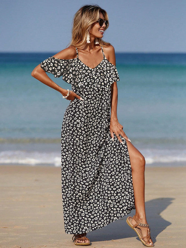 European And American Spring And Summer Leisure Floral Vacation Style Sling Dress