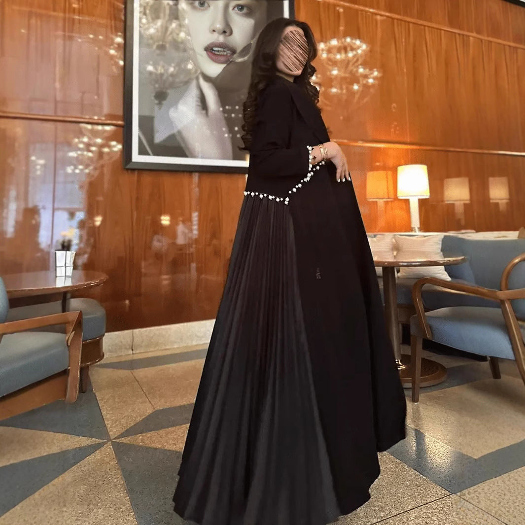 Elegant Graceful Robe Beaded Cardigan Pleated Black Maxi Dress For Women
