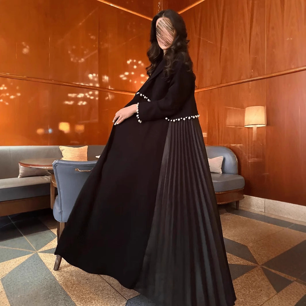 Elegant Graceful Robe Beaded Cardigan Pleated Black Maxi Dress For Women