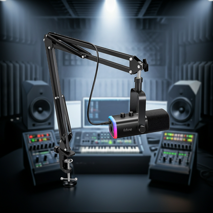 Fifine Ampligame AM8T USB/XLR Dynamic Mic Set - RGB Streaming Microphone with Boom Arm Stand