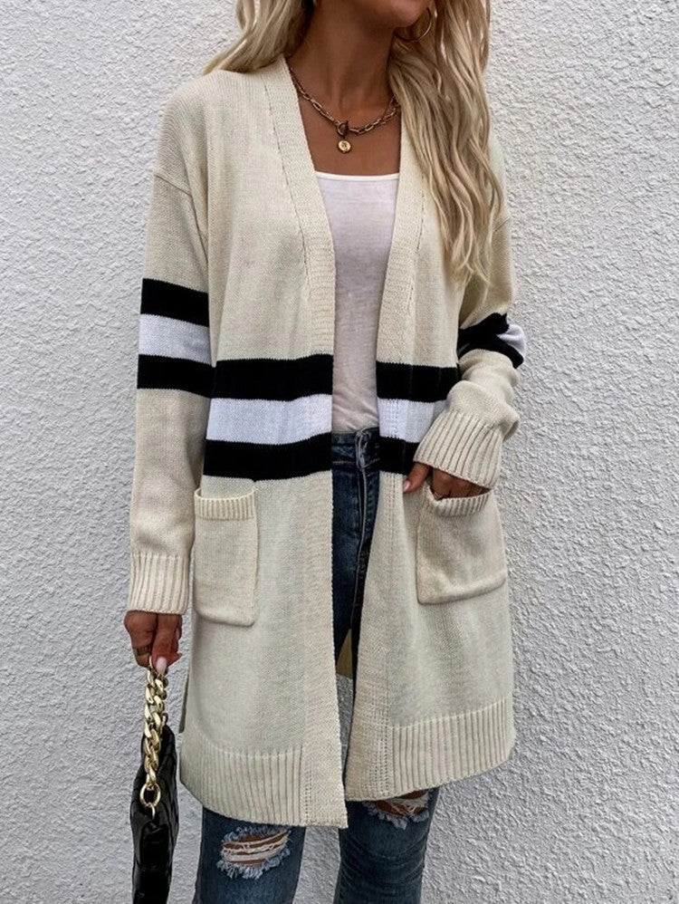 Striped Contrast Color Loose Casual Sweater Coat