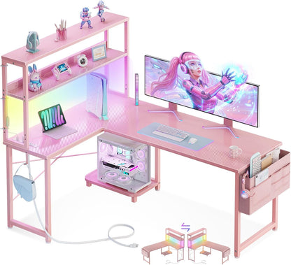 53 Inch L Shaped Gaming Desk with LED Lighting, Reversible Desk with Power Outlets, Cornor Computer Table with Storage Shelves & Bag & Iron Hook, Home Office Table for Writing, Study, Black