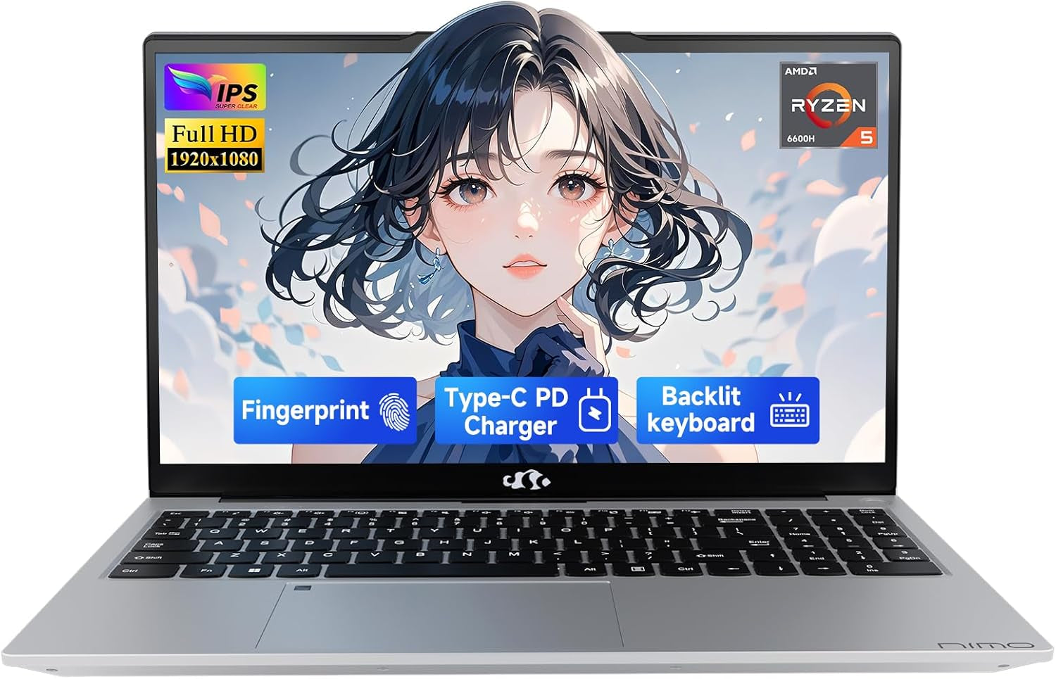 15.6" IPS Fhd-Gaming-Laptop, AMD Ryzen 5 6600H 32GB DDR5 RAM 1TB SSD (Beat I7-1165G7, 6 Cores up to 4.5Ghz) AMD Radeon 660M GPU 100W USB-C PD Fast Charger Backlit Keyboard Fingerprint