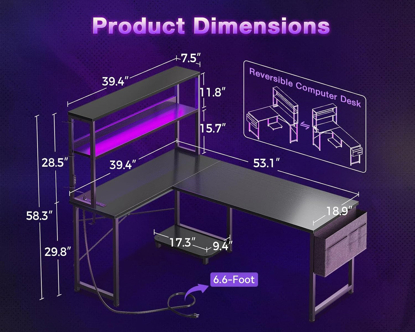 53 Inch L Shaped Gaming Desk with LED Lighting, Reversible Desk with Power Outlets, Cornor Computer Table with Storage Shelves & Bag & Iron Hook, Home Office Table for Writing, Study, Black
