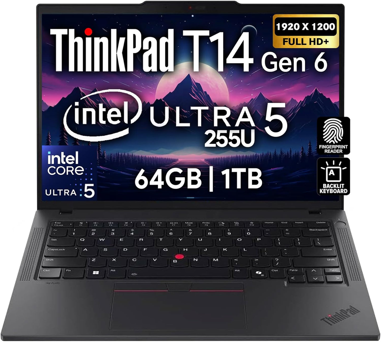 Thinkpad T14 Gen 6 Business Laptop 14" FHD+ IPS, Intel Ultra 7 255U, 64GB DDR5 RAM, 2TB SSD, 5MP Webcam, Fingerprint, Backlit, Wi-Fi 6E, 2 Thunderbolt 4, AI PC, W11P